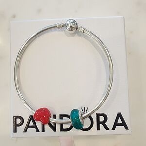 Pandora Silver Bracelet with Red Heart and Disney Green Charms